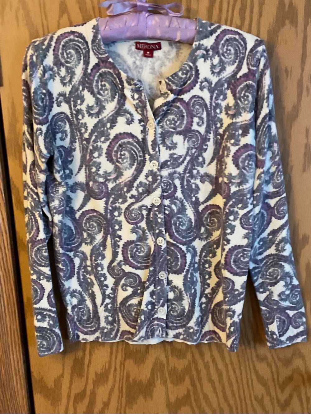 Merona Cream and Purple Paisley Button Cardigan